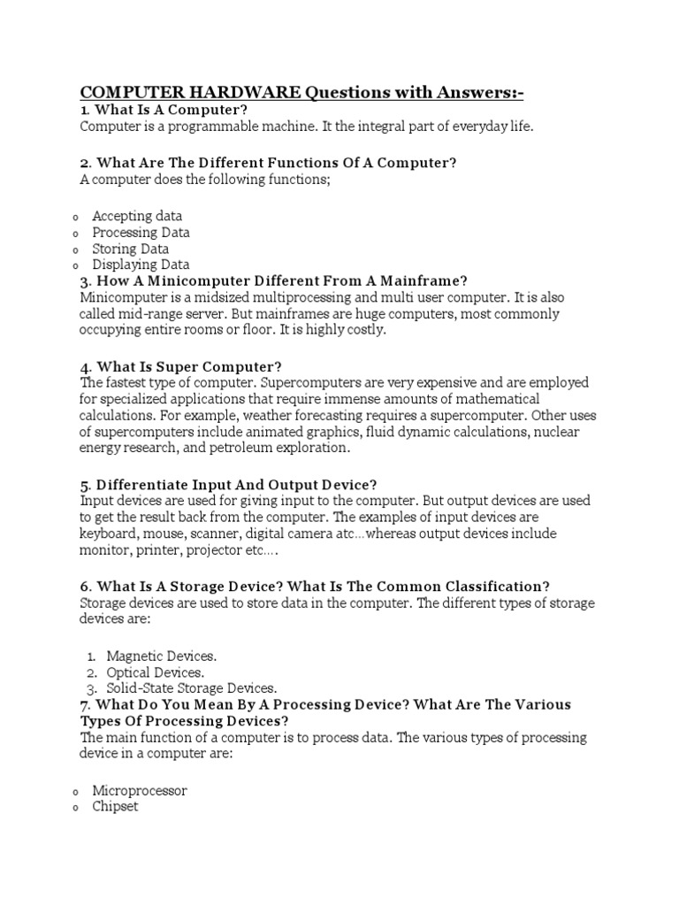 COMPUTER HARDWARE Questions With Answers o o o o PDF Dynamic Random Access Memory Solid