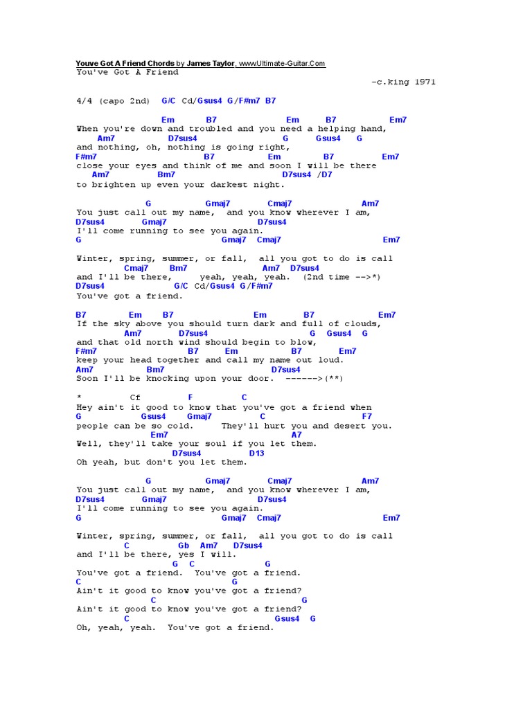 Youve Got A Friend Chords By James Taylor Pdf Guitar Family Instruments Leisure
