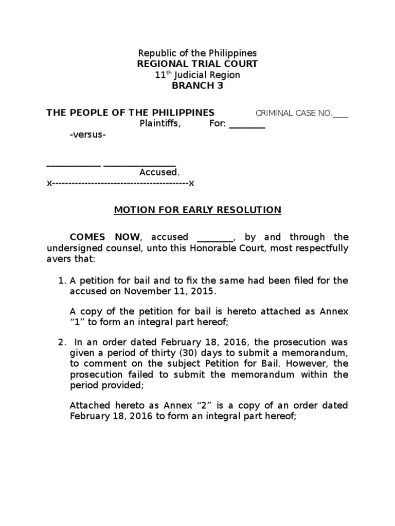 Motion for Early Resolution in Criminal Case | PDF | Finance & Money ...