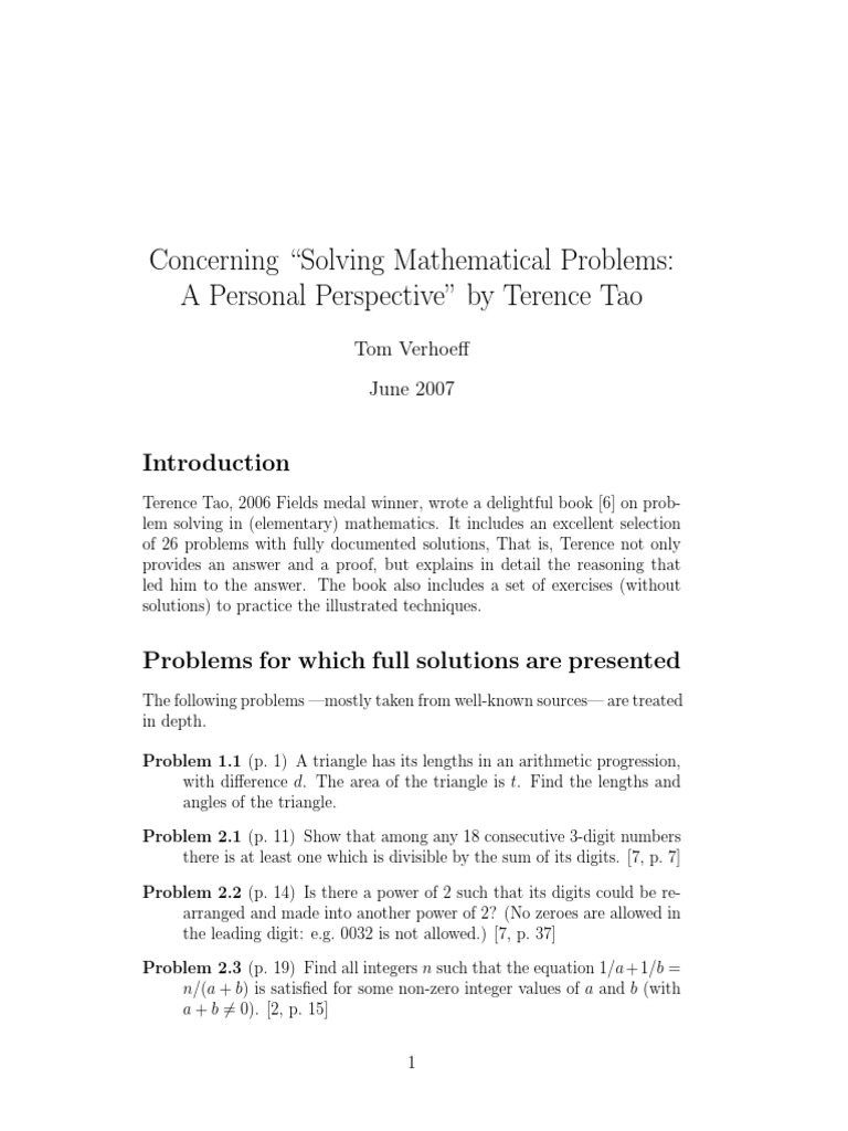 Solving Mathematical Problems A Personal Perspective By Terence Tao