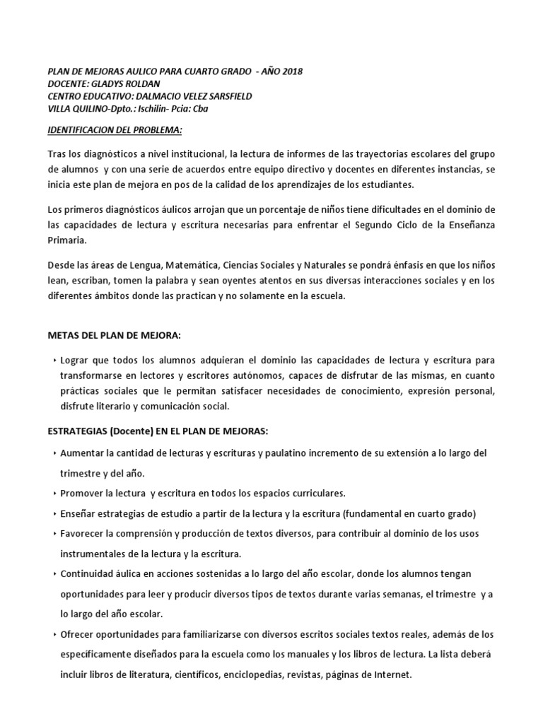 Plan de Mejora en Lectoescritura 4° Grado | PDF | Lectura (proceso ...