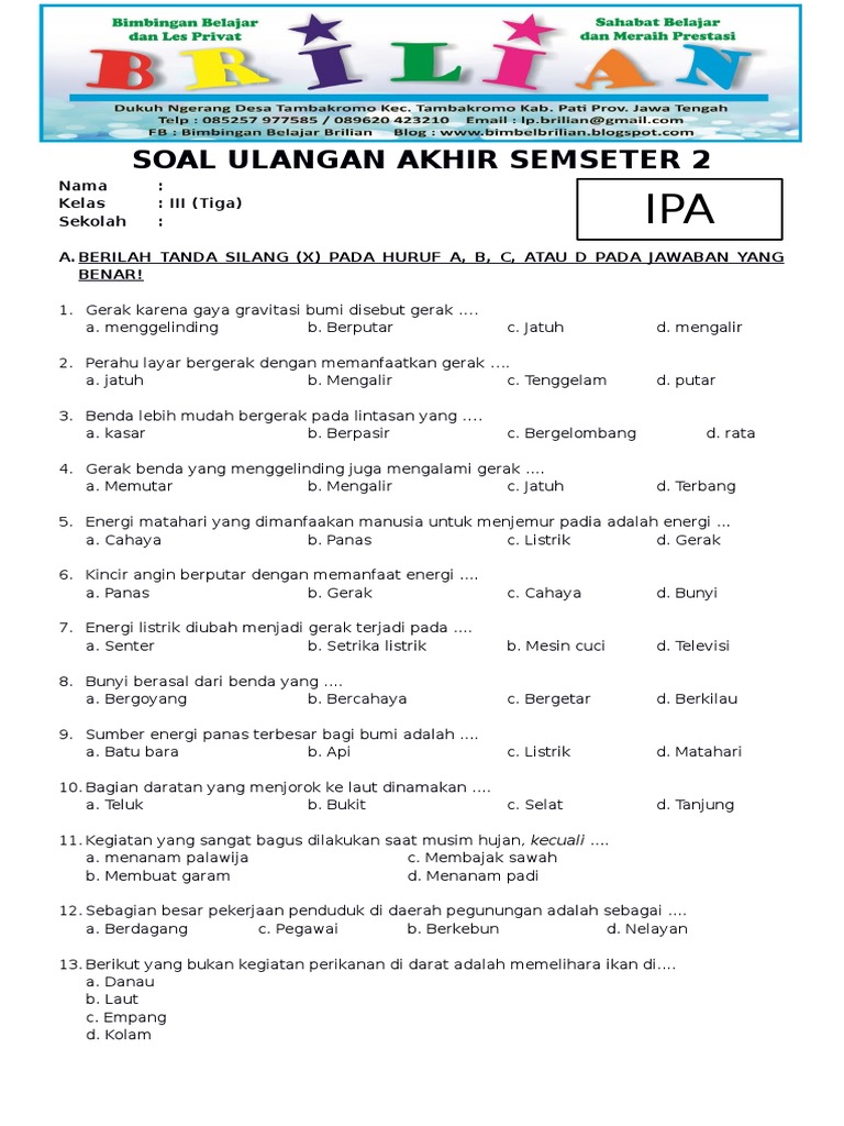 Soal UAS IPA Kelas 3 SD Semester 2 Dilengkapi Kunci Jawaban