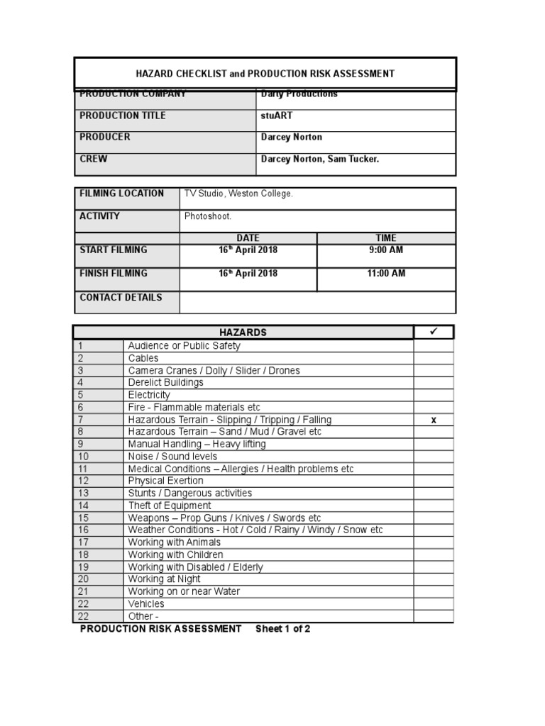 Risk Assessment For Photoshoot | PDF | Risk Assessment | Safety