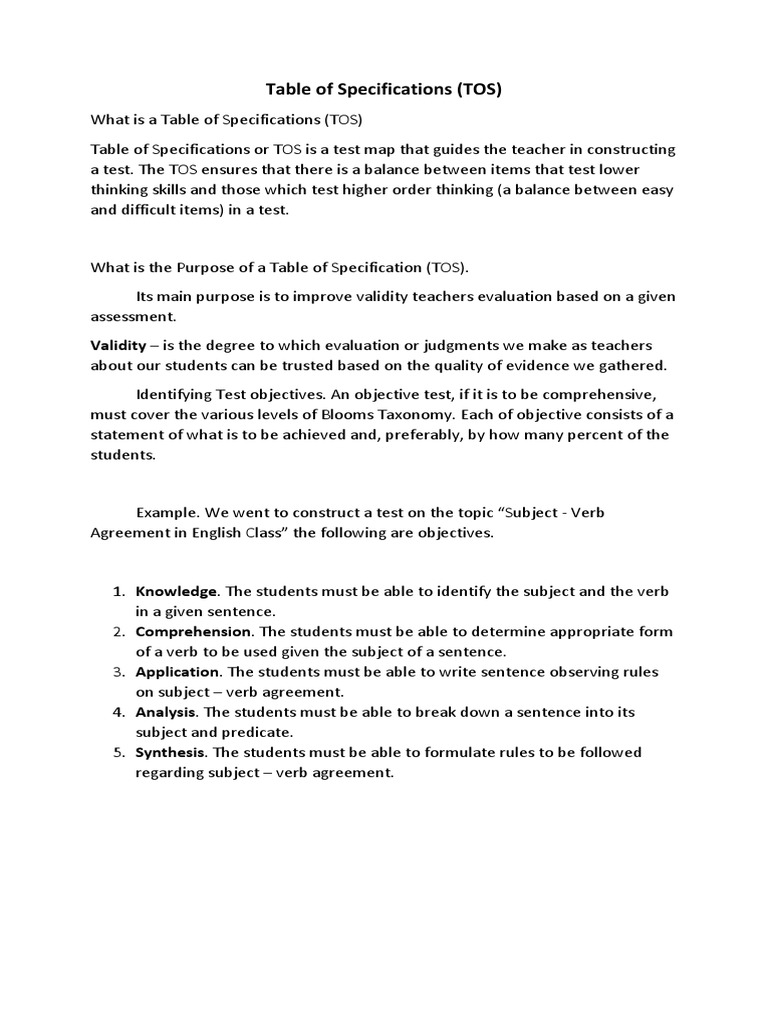 Table of Specifications PDF Subject (Grammar) Educational Assessment