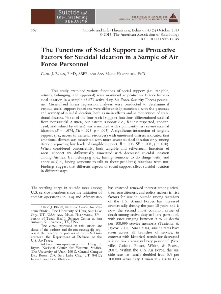 The Functions of Social Support As Protective Factors For Suicidal ...