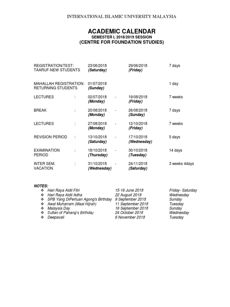 Calendar iium academic Academic Calendar