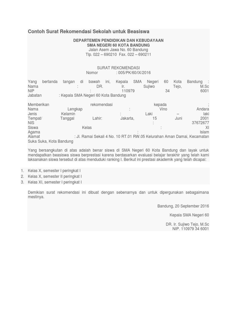 Contoh Surat Rekomendasi Sekolah Untuk Beasiswa