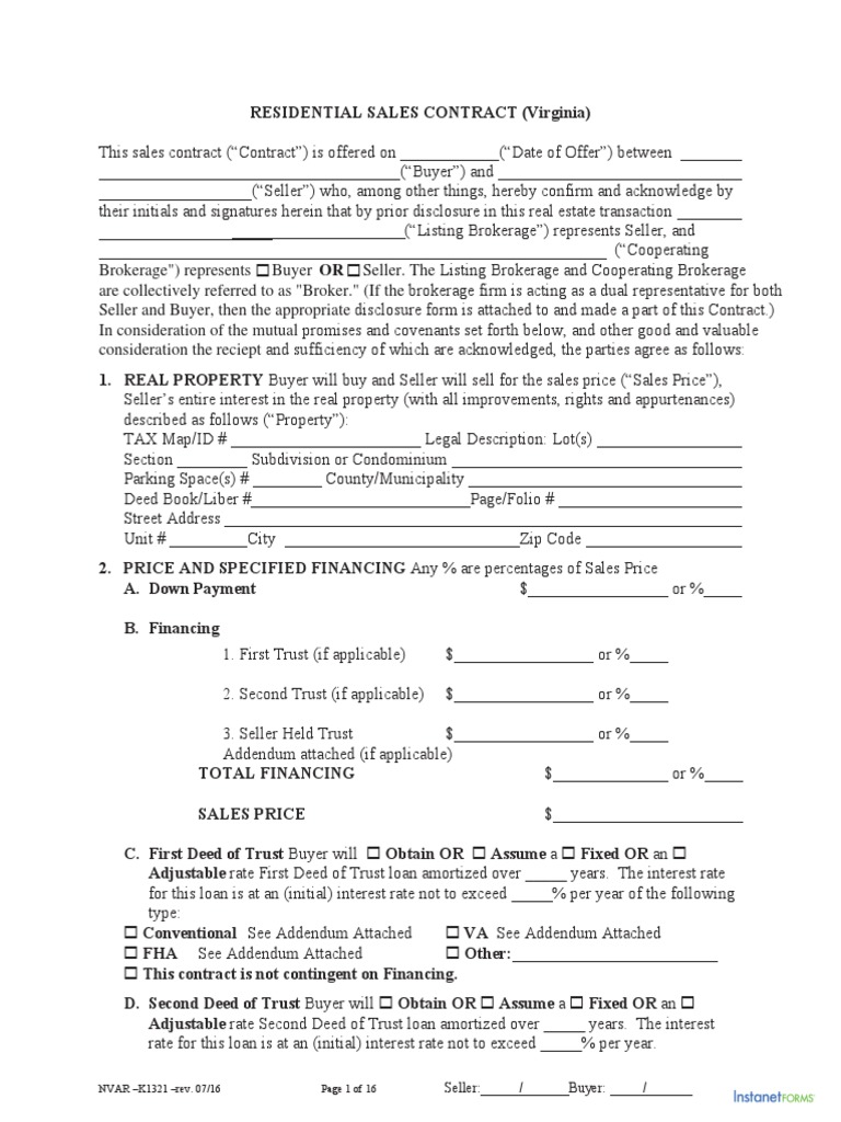 Residential Sales Contract (Virginia) (072F2016) K1321 Title