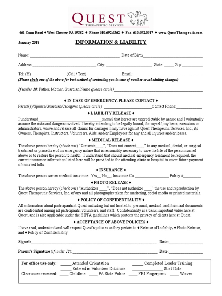 Quest Therapeutic Services Liability Form | PDF | Confidentiality ...