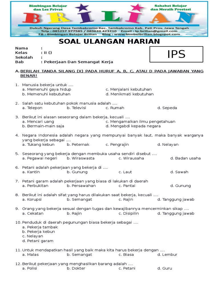  Soal  IPS Kelas  3  SD  Bab Pekerjaan Dan  Kunci  Jawaban 