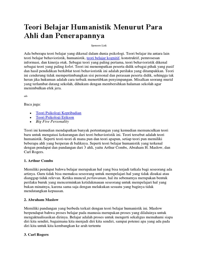 Teori Belajar Humanistik Menurut Para Ahli Dan Penerapannya Pdf
