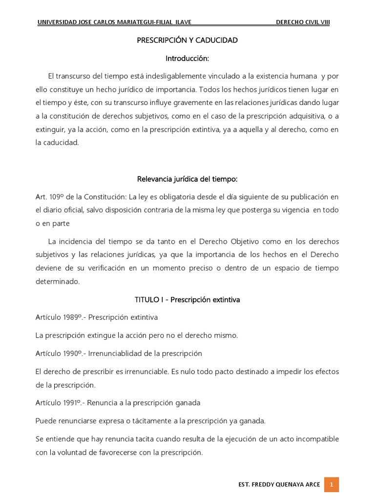 Prescripción y Caducidad en Derecho Civil | PDF | Estatuto de ...