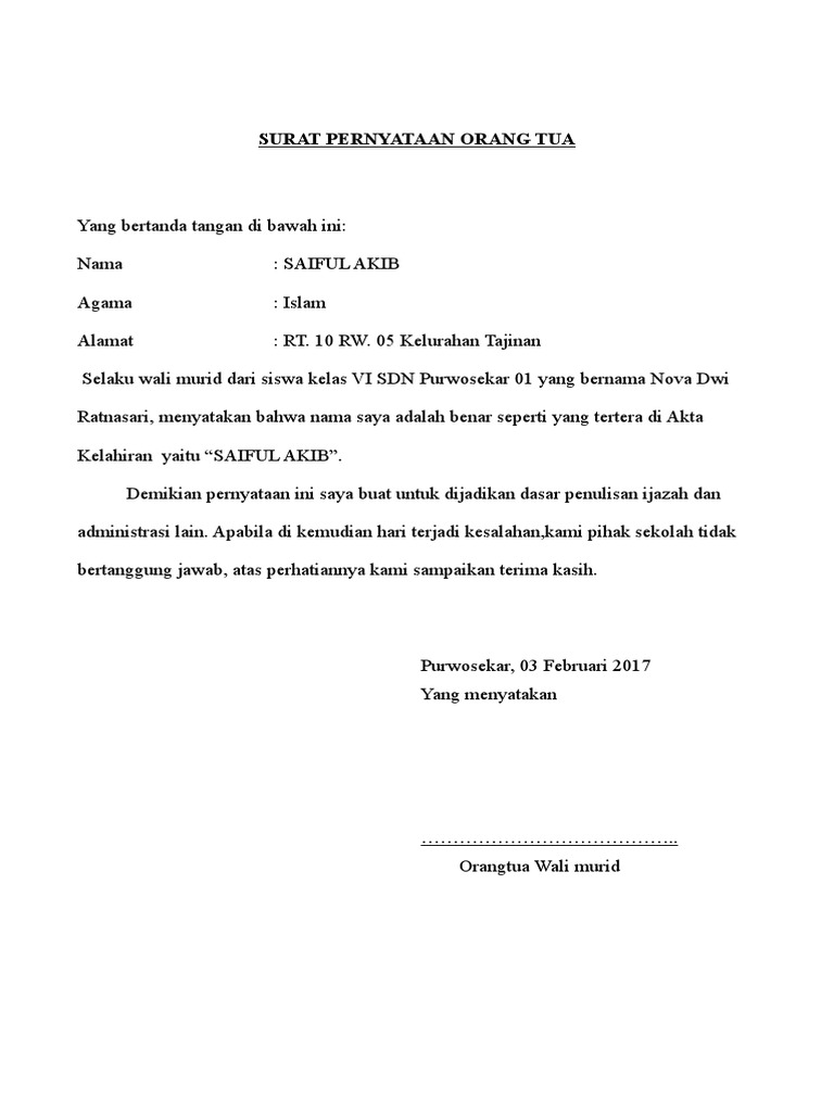 Surat Pernyataan Orang Tua Kebenaran Ijazah Pdf