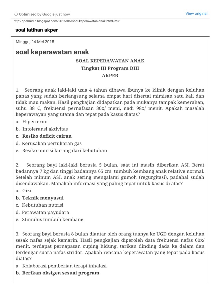 Soal Latihan Akper Soal Keperawatan Anak