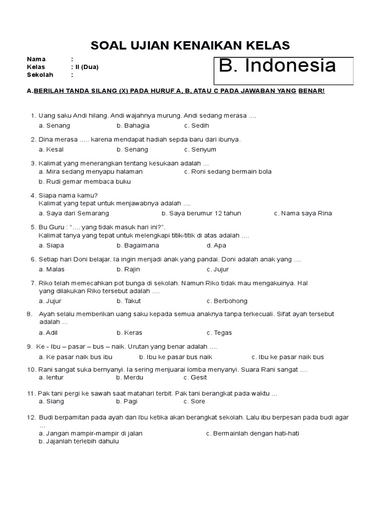 Soal UAS Bahasa Indonesia Kelas 2 SD Semester 2 Dan Kunci Soal UAS Bahasa Indonesia Kelas 2 SD Semester 2 Dan Kunci