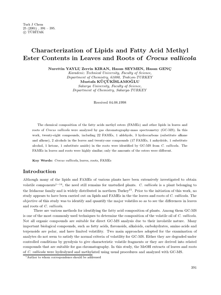 Characterization of Lipids and Fatty Acid Methyl Ester Contents in