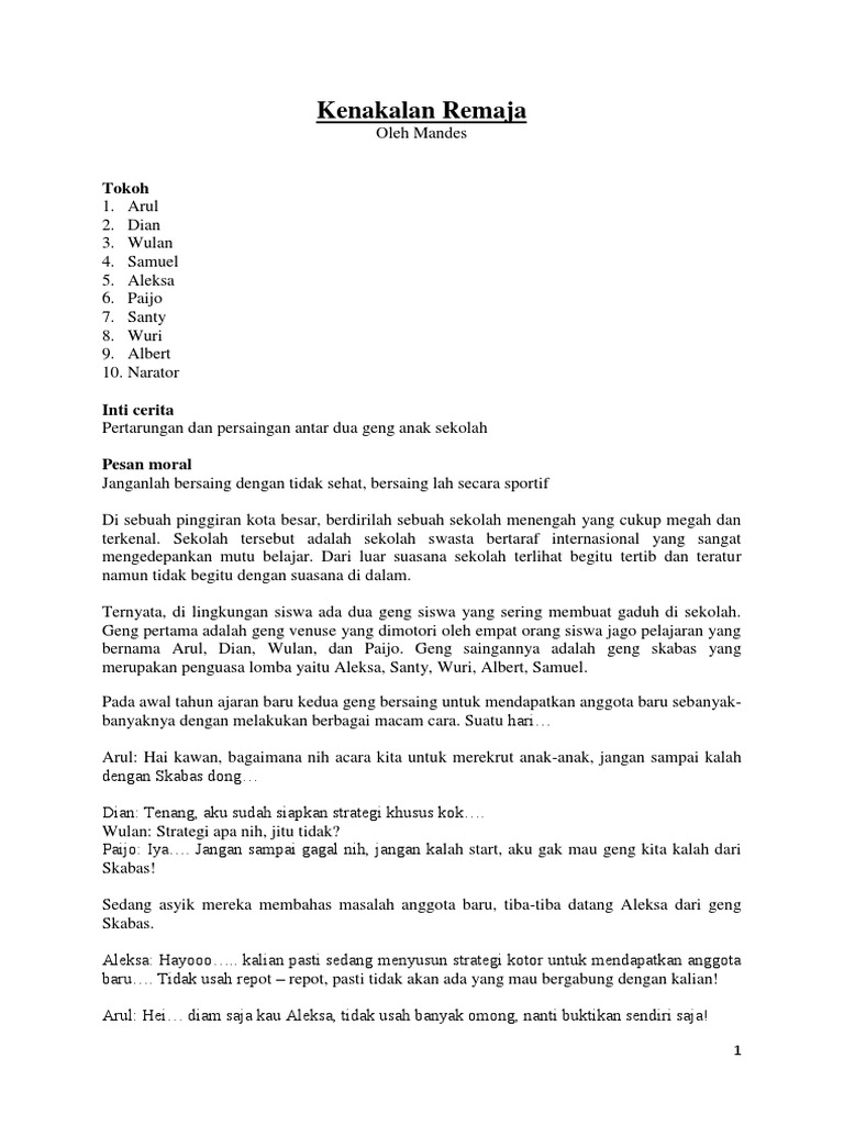 Naskah Drama Kenakalan Remaja