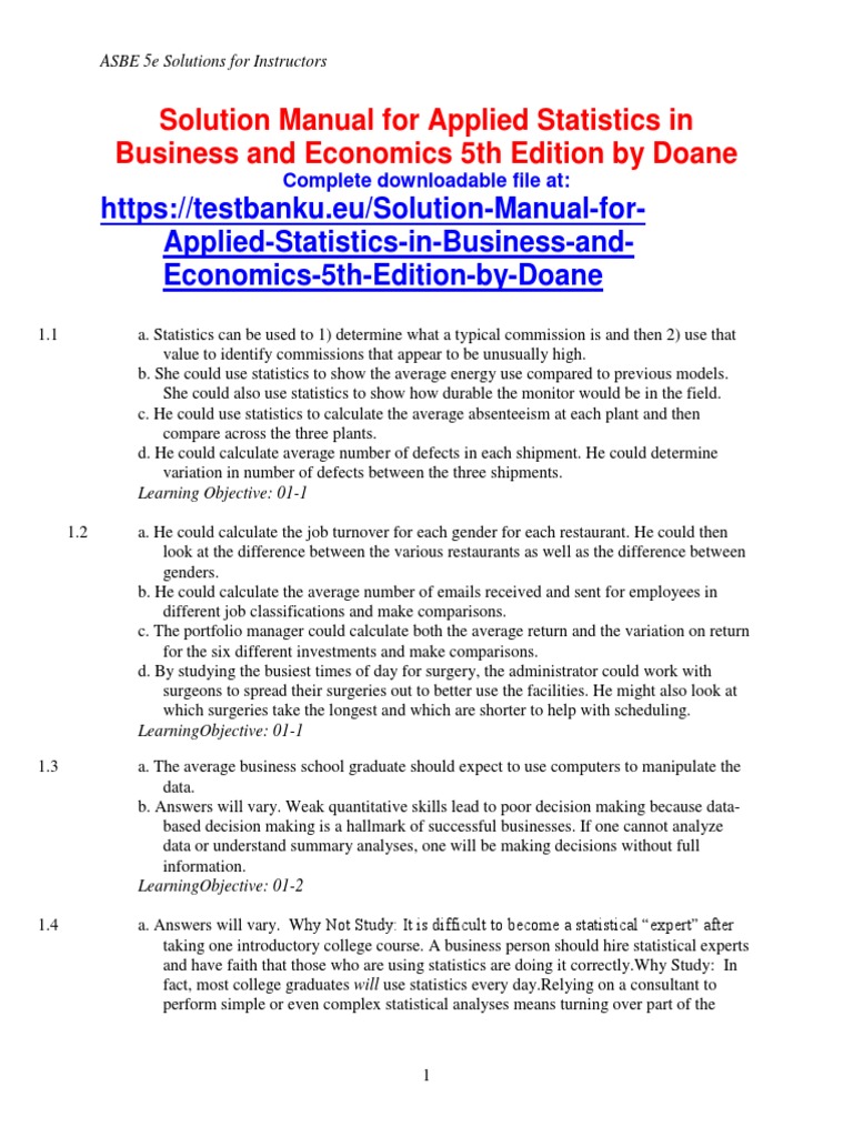 Solution Manual for Applied Statistics in Business and Economics 5th  Edition by Doane | Statistics | Survey Methodology