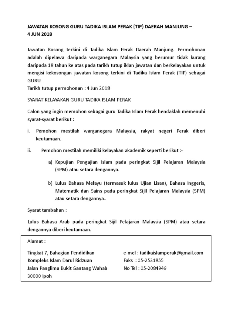 Iklan Jawatan Kosong Guru Tadika Islam Perak | PDF