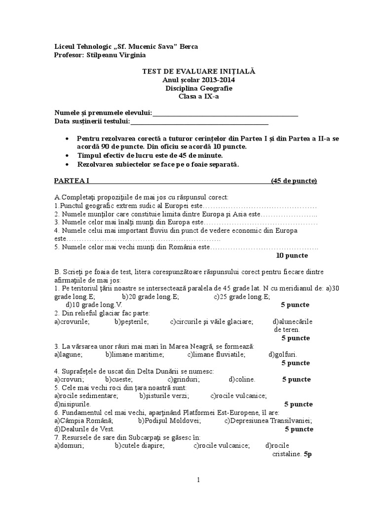 0 Test de Evaluare Initiala Cls A Ixa | PDF