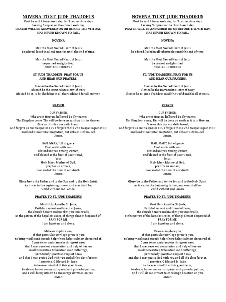 St. Jude Thaddeus Novena Lord's Prayer Prayer