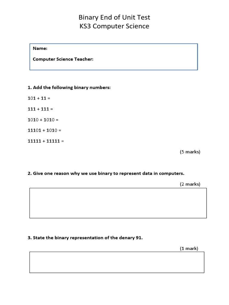 Binary End of Unit Test KS3 Computer Science | PDF