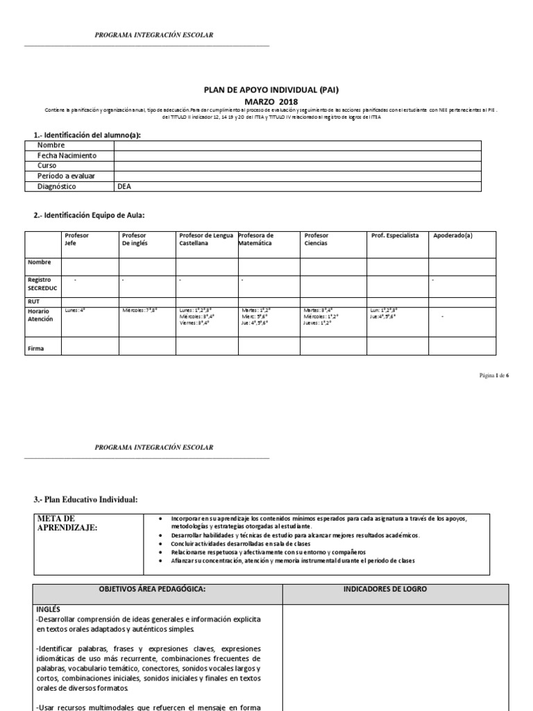 Plano de Apoio Individual (PAI) | PDF | Organismos | Aprendizado