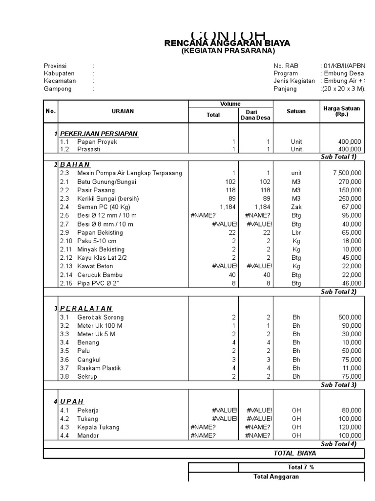 Contoh RAB Embung Desa 2018 | PDF