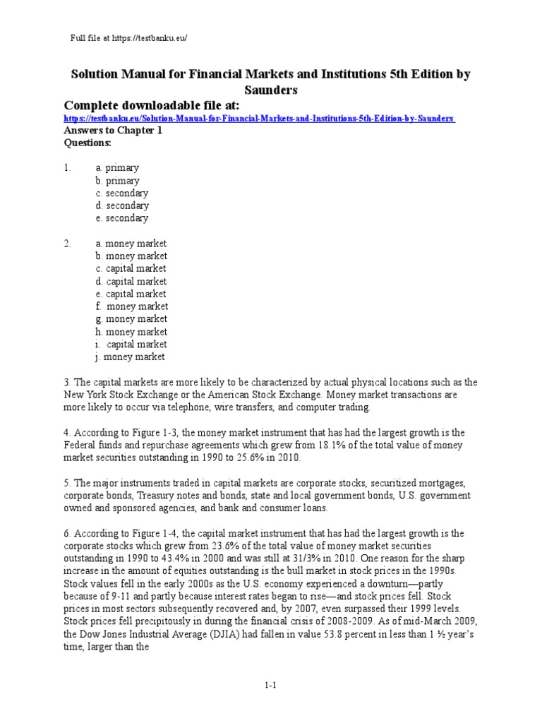 Solution Manual for Financial Institutions | PDF | Financial Markets ...