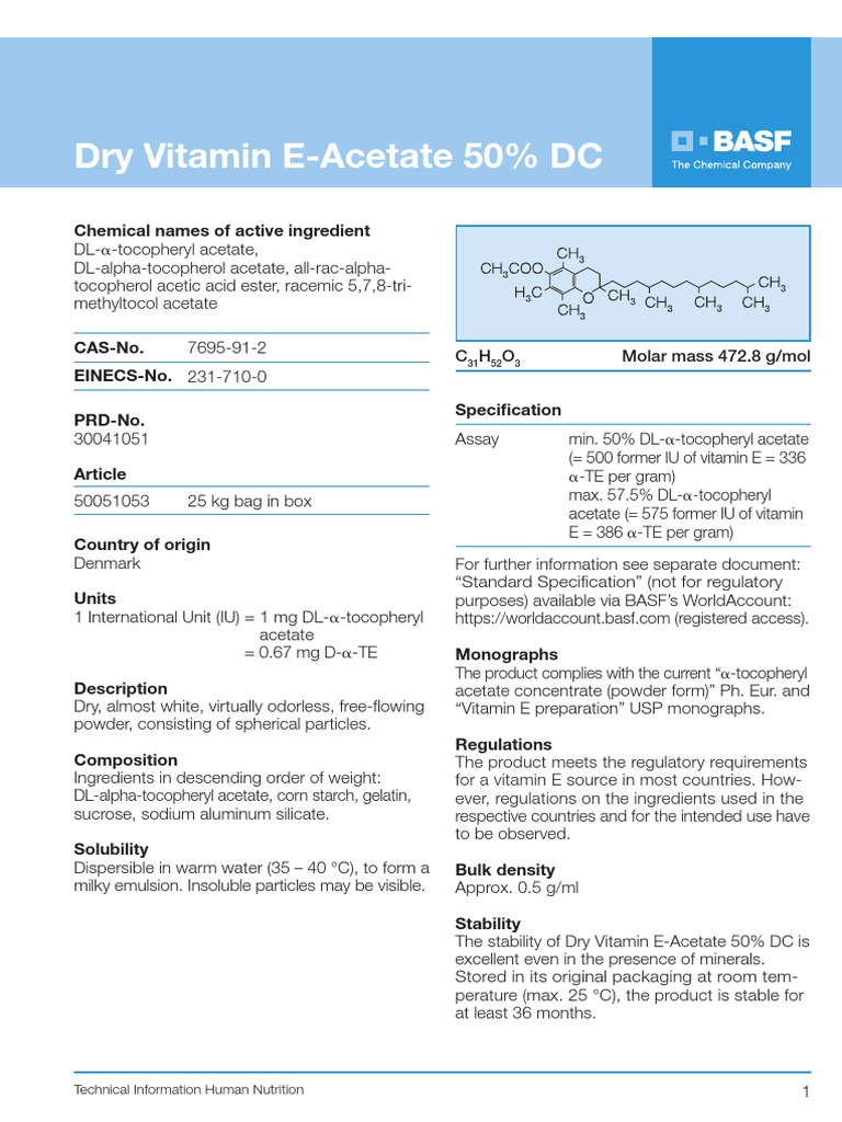 Basf Dry Vitamin EAcetate 50 DC Pds PDF Vitamin E Acetate