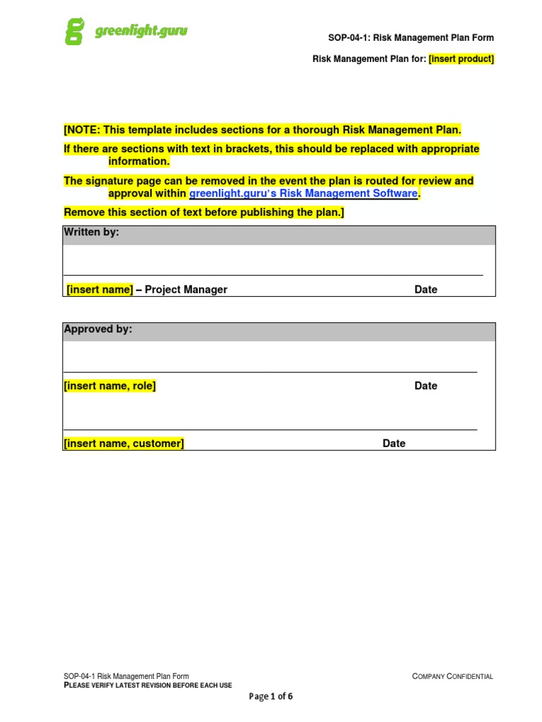 Risk Management Plan Template for Medical Device Product Development ...