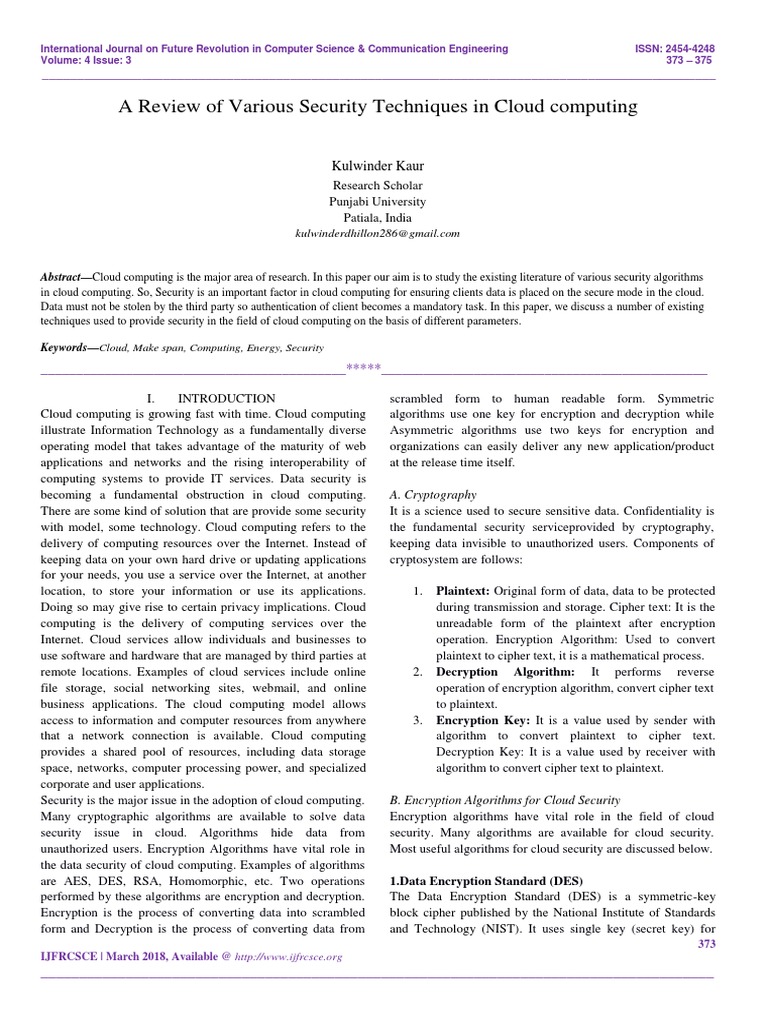A Review of Various Security Techniques in Cloud Computing | PDF ...