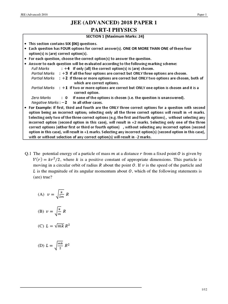 JEE Advanced 2018 Paper 1 Physics Exam | PDF | Ion | Capacitor