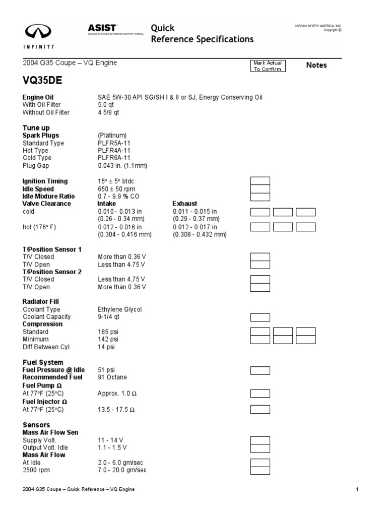 2004 Infiniti G35 Coupe Quick Reference Specs | PDF | Battery