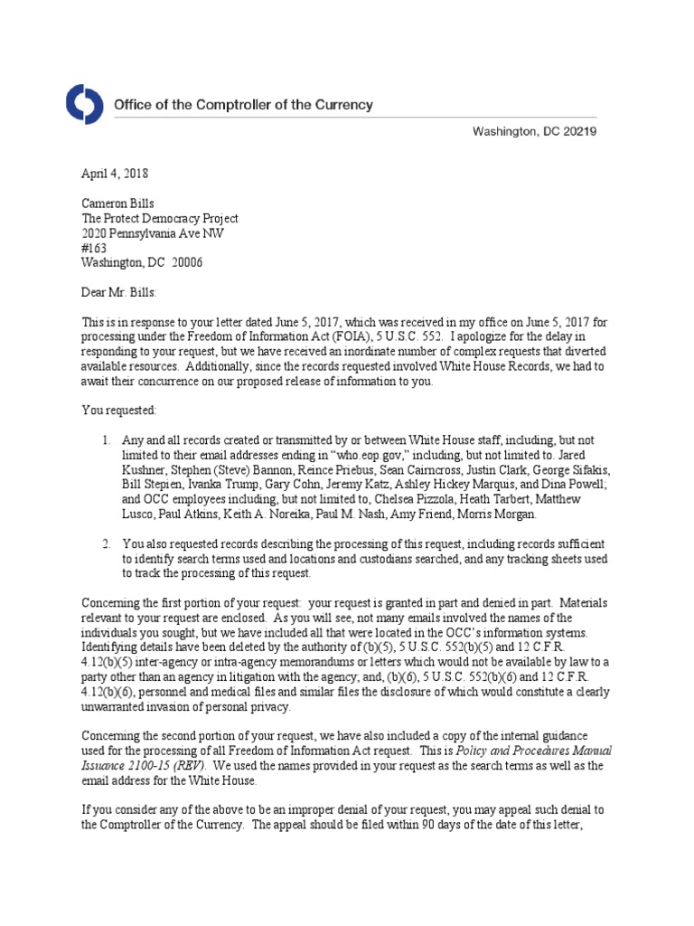 FOIA Response From The Office of The Comptroller of The Currency ...