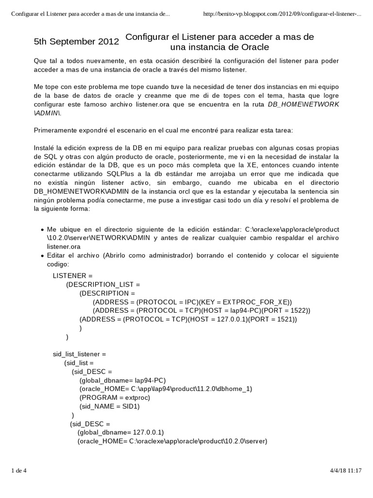 Configuración del Listener Oracle | PDF | Oracle Corporation | Computer ...