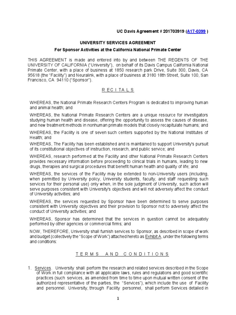 Neuralink UC Davis Primate Center Services Agreement PDF