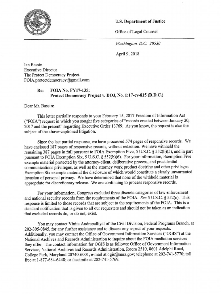 Response from DOJ's Office of Legal Counsel United States Government