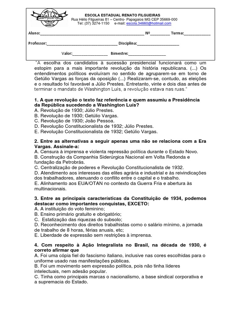 Avaliação Era Vargas 9 Ano | Sindicato | Esfera Pública