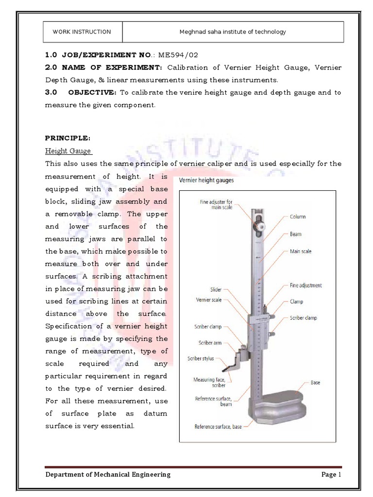 2.Calibration of Vernier Height Gauge, Vernier Depth Gauge Measurements