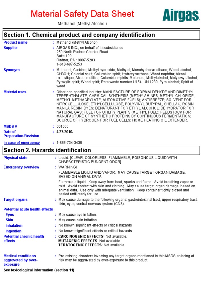 Methanol Msds 1 PDF PDF Methanol Personal Protective Equipment