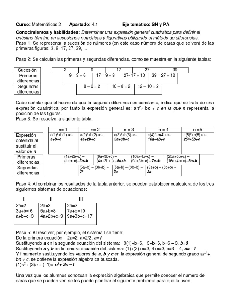 Sucesiones Cuadráticas y Diferencias | PDF | Fórmula | Ecuaciones
