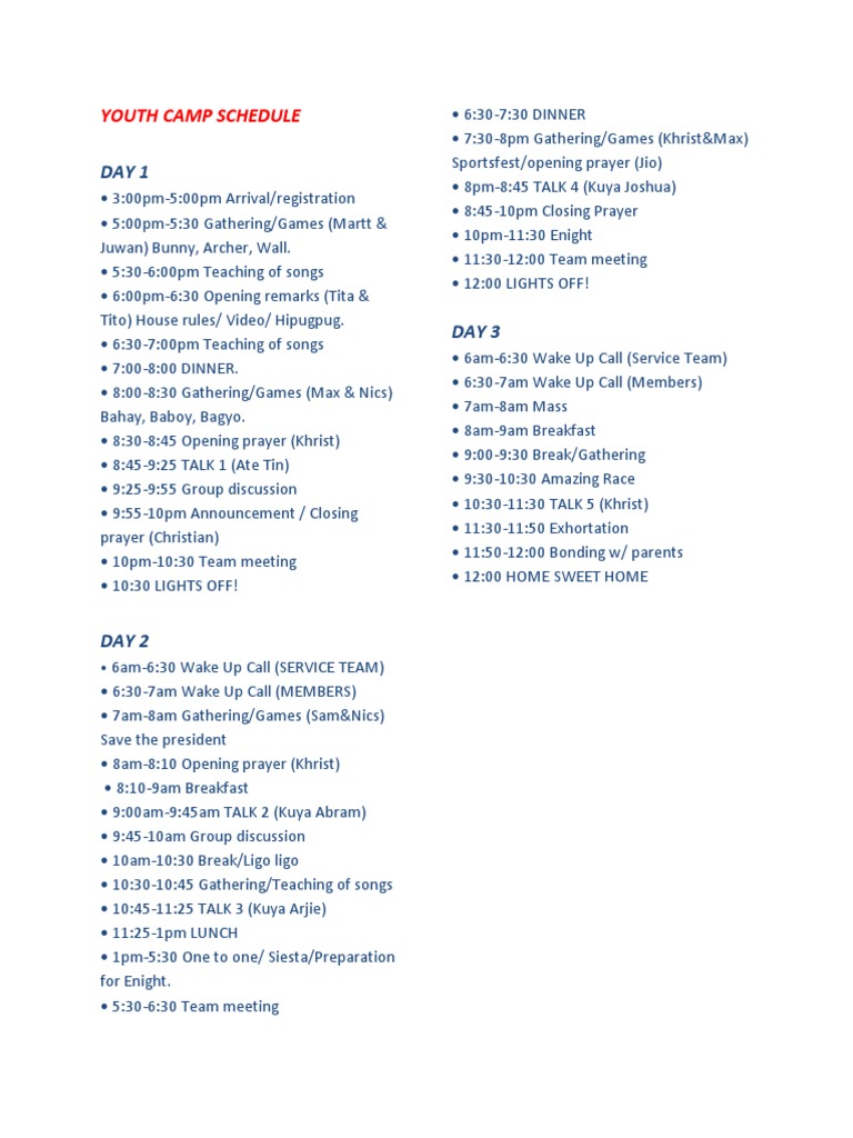Youth Camp Program Schedule | PDF