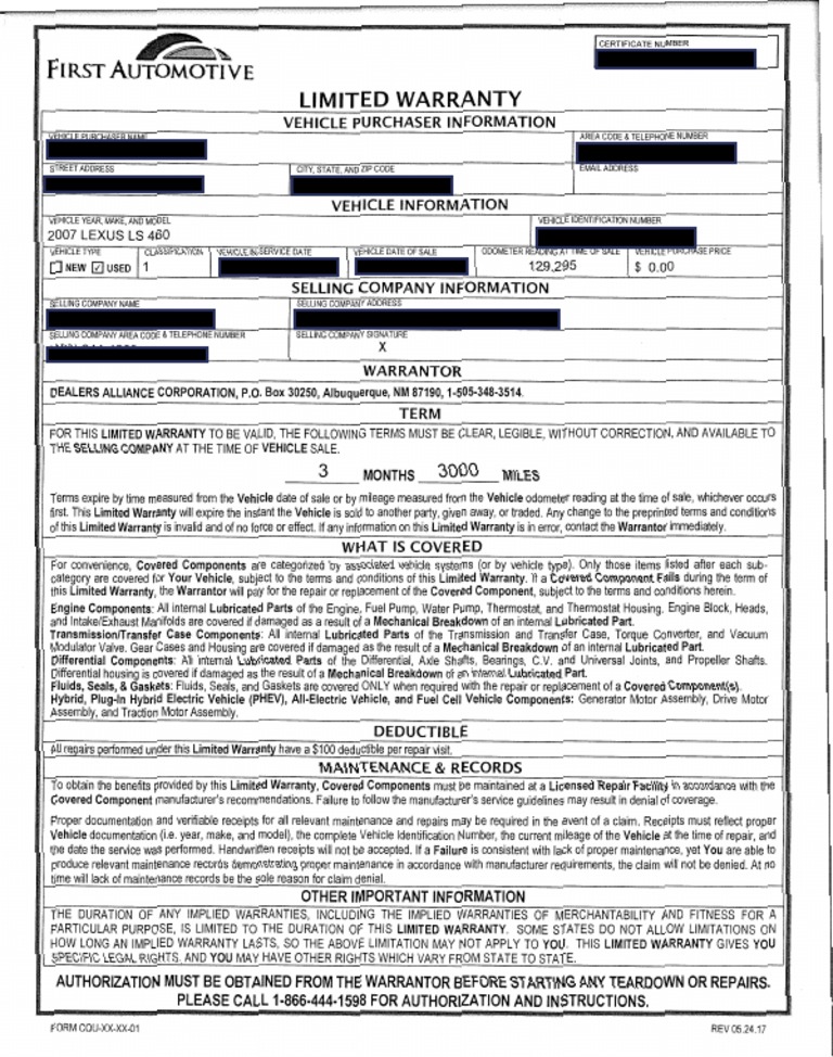 First Automotive Warranty Number