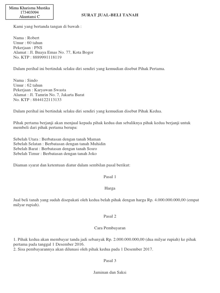 Contoh Surat Jual Beli Tanah