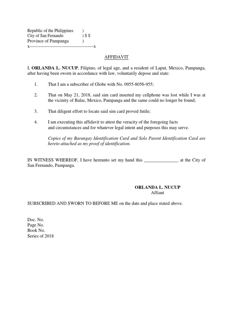 Affidavit for Lost SIM Card Template | PDF | Affidavit | Mobile Phones