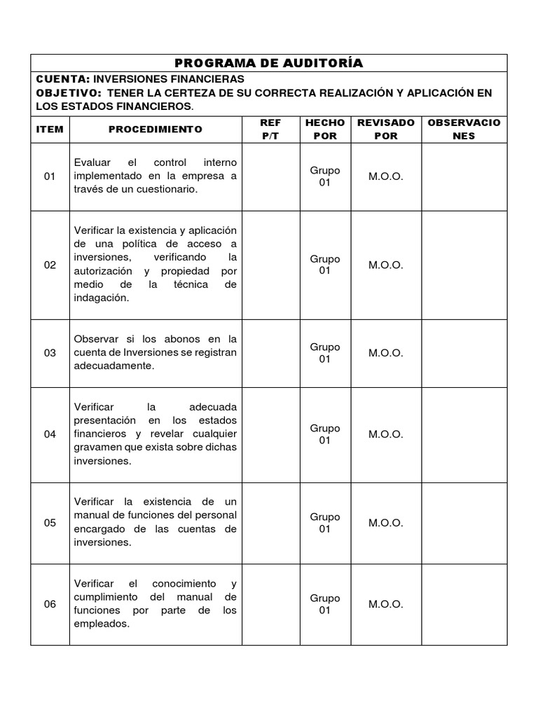 Programa De Auditoría Cta 11 Auditoría Financiera Inversiones