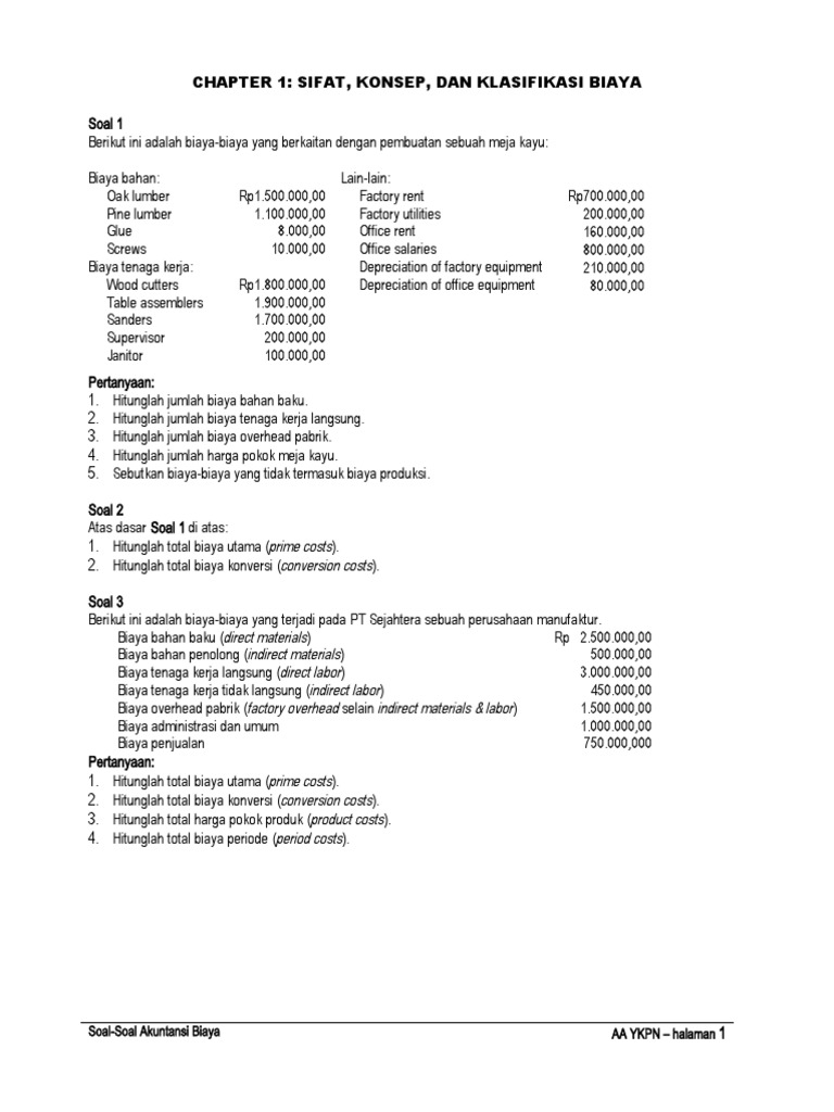 Contoh Soal Akuntansi Biaya Sifat, Konsep, Dan Klasifikasi