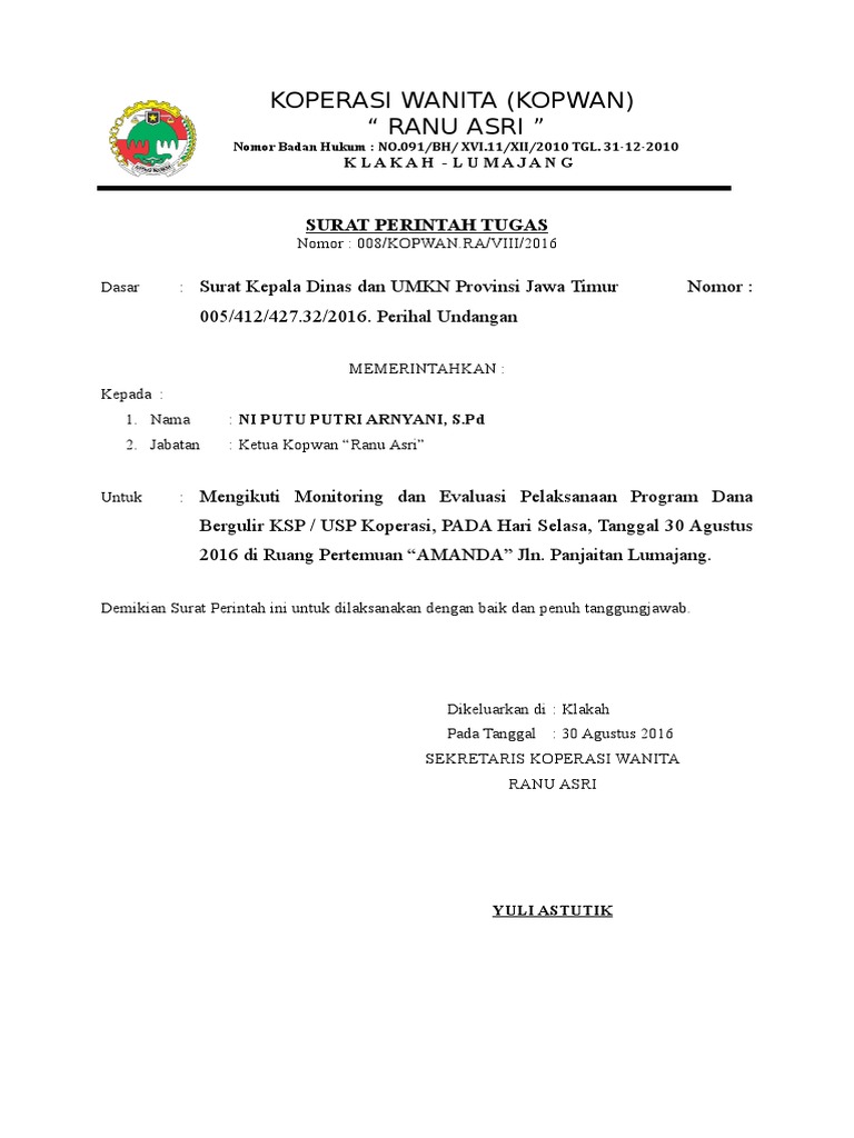 Contoh Surat Tugas Koperasi Contoh Surat Terbaru 2020