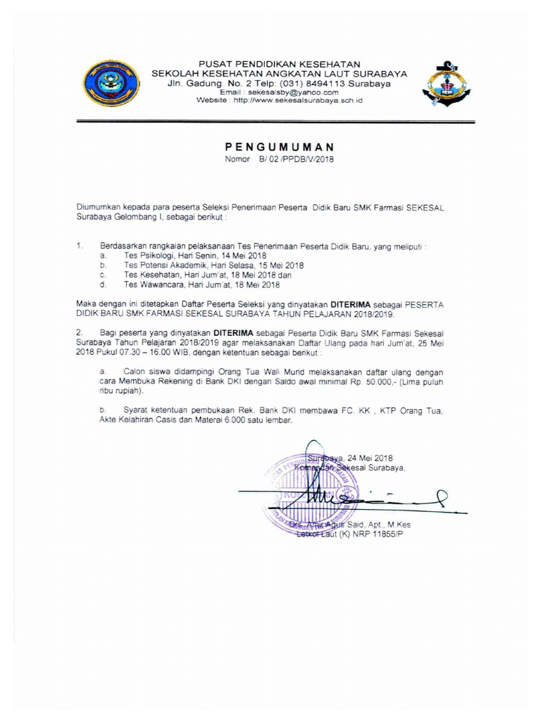 Pengumuman Seleksi Ppdb Sekesal Surabaya Gel I Tahun Pelajaran 2018 2019